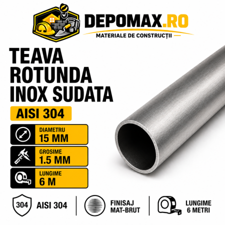 Teava rotunda inox sudata AISI 304, 15 x 1.5 mm, 6 metri